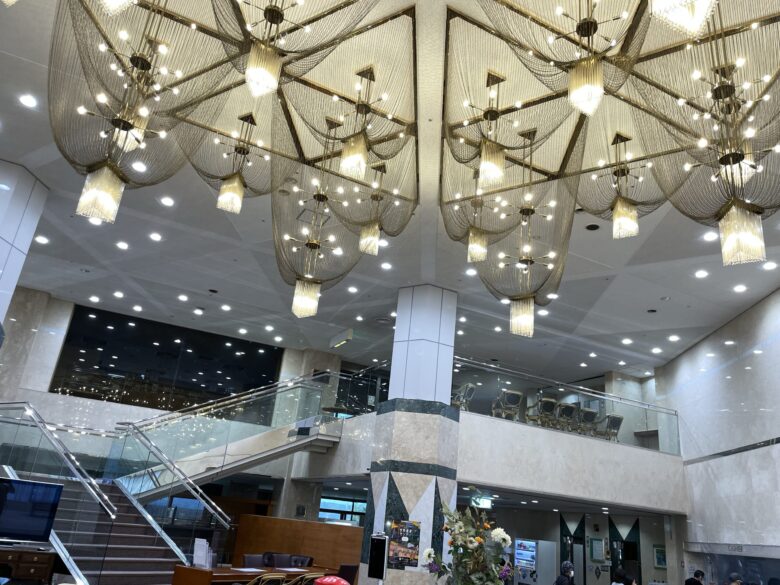 Lobby ceiling and chandelier
