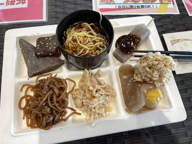 A tray piled high with konnyaku dishes