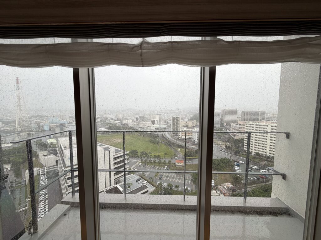 窓から見える曇り空の景色