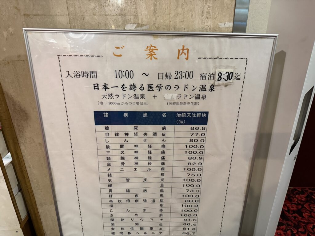 湯ーとぴあの入浴案内 入浴時間10時から日帰り23時、宿泊8時30分までと書かれた掲示